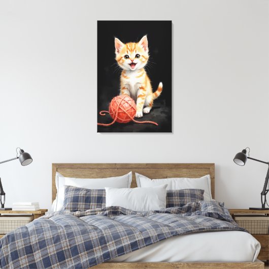 Playful Kitten Cat with Yarn Watercolor Print (Insitu (Slaapkamer))