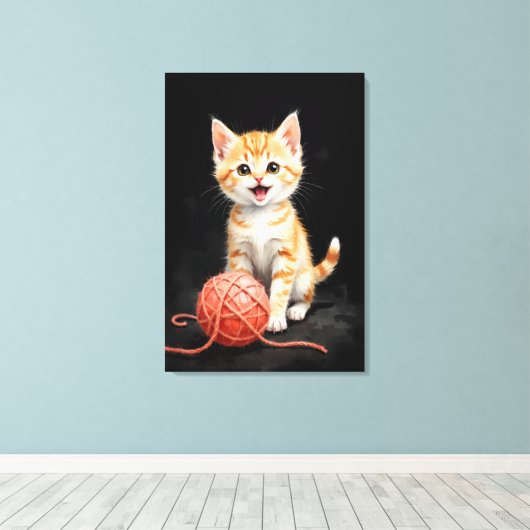 Playful Kitten Cat with Yarn Watercolor Print (Insitu (Houten vloer))