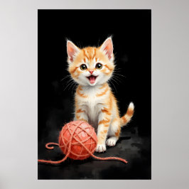 Playful Kitten Cat with Yarn Watercolor Print
