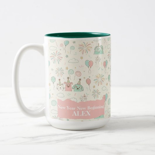 Playful New Year New Beginnings Custom Mug Tweekleurige Koffiemok (Links)