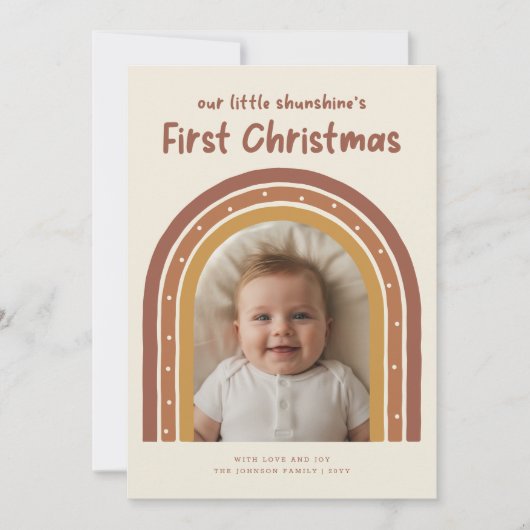 Playful Newborn Baby's First Christmas Arch Photo Feestdagenkaart (Voorkant)