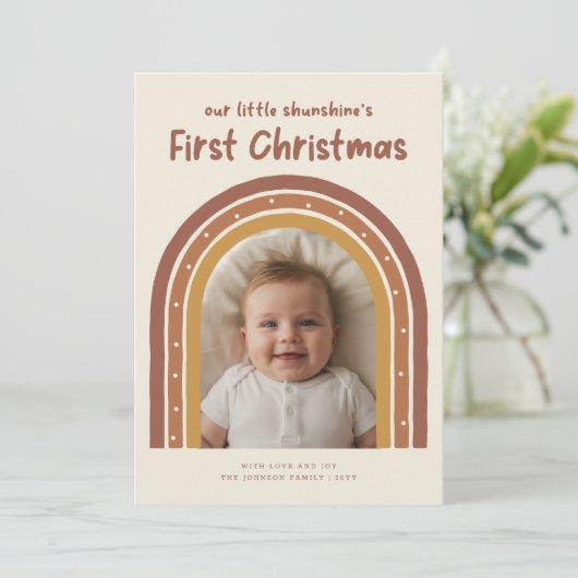 Playful Newborn Baby's First Christmas Arch Photo Feestdagenkaart (Staand voorkant)