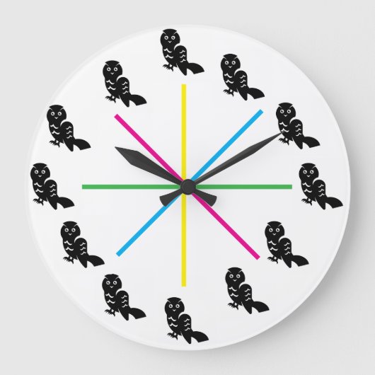 Playful Owl Wall Clock – Rainbow Stripes Grote Klok (Voorkant)