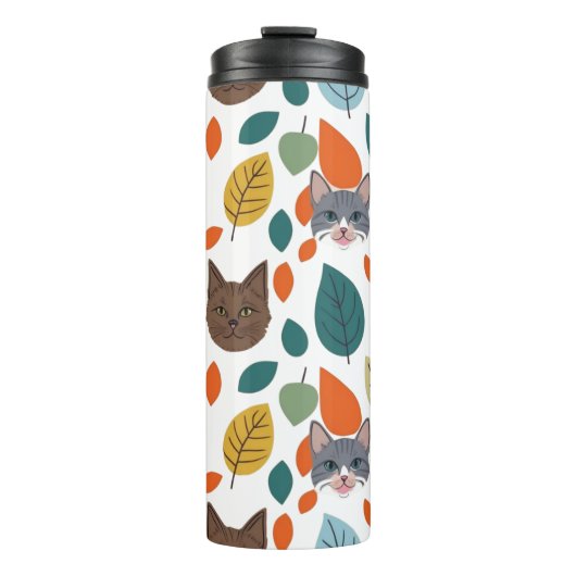 Playful Pet Faces and Autumn Leaves Pattern Thermosbeker (Voorkant)