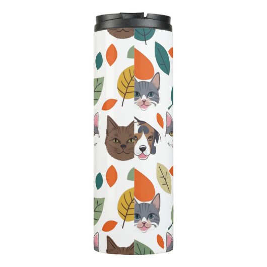 Playful Pet Faces and Autumn Leaves Pattern Thermosbeker (Achterkant)