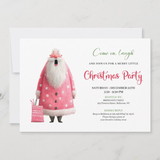 Playful Pink Santa Funny Christmas Party Printable Kaart (Voorkant)