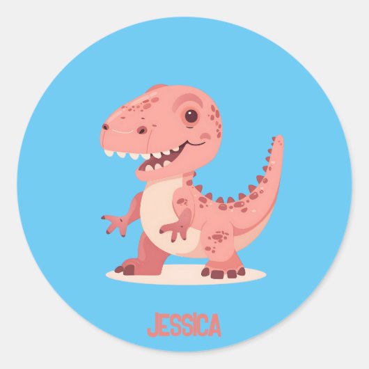 Playful Pink T-Rex Dino With Kids Name Ronde Sticker (Voorkant)