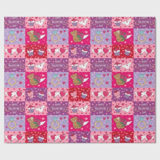 Playful Pink Valentine Patchwork Cadeaupapier (Vlak)