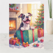 Playful Pitbull Opening Christmas Gifts Holiday Kaart (Voorkant)