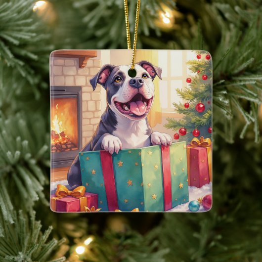 Playful Pitbull Opening Christmas Gifts Holiday Keramisch Ornament (Boom)