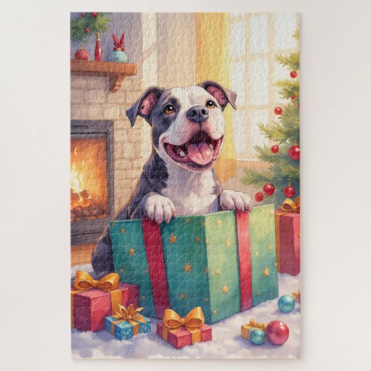 Playful Pitbull Opening Christmas Gifts Holiday Legpuzzel (Verticaal)