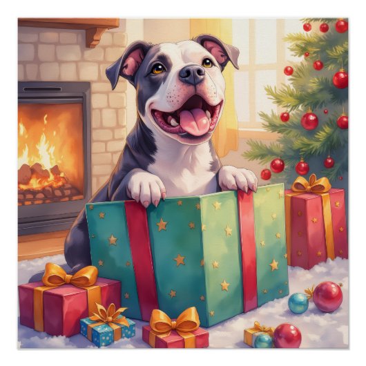 Playful Pitbull Opening Christmas Gifts Holiday Perfect Poster (Voorkant)