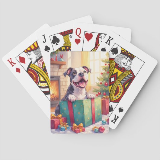 Playful Pitbull Opening Christmas Gifts Holiday Pokerkaarten (Achterkant)