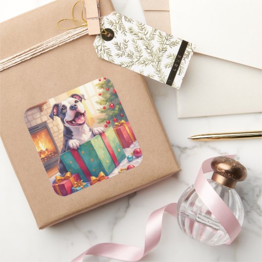 Playful Pitbull Opening Christmas Gifts Holiday Vierkante Sticker (Geschenken)