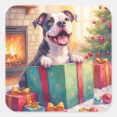 Playful Pitbull Opening Christmas Gifts Holiday Vierkante Sticker (Voorkant)