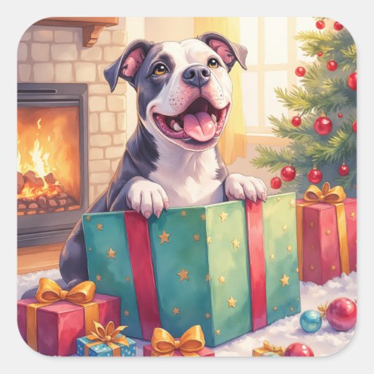 Playful Pitbull Opening Christmas Gifts Holiday Vierkante Sticker (Voorkant)