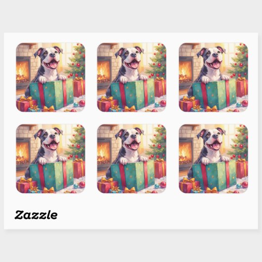 Playful Pitbull Opening Christmas Gifts Holiday Vierkante Sticker (Vel)