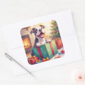 Playful Pitbull Opening Christmas Gifts Holiday Vierkante Sticker (Envelop)