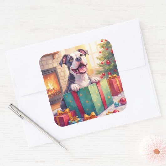 Playful Pitbull Opening Christmas Gifts Holiday Vierkante Sticker (Envelop)