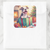 Playful Pitbull Opening Christmas Gifts Holiday Vierkante Sticker (Tas)