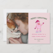 Playful Poodle Ice Skating Pink Christmas  Feestdagenkaart (Voorkant)