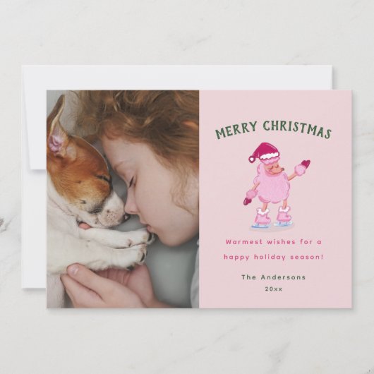 Playful Poodle Ice Skating Pink Christmas  Feestdagenkaart (Voorkant)