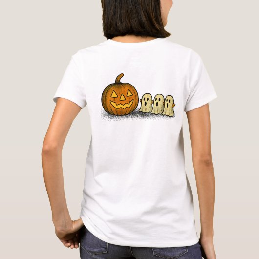Playful Pumpkin with Three Spooky Ghosts T-shirt (Achterkant)