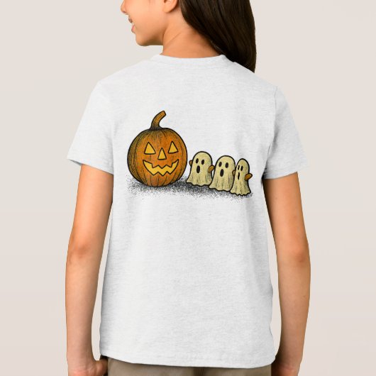 Playful Pumpkin with Three Spooky Ghosts Tri-Blend Shirt (Achterkant)