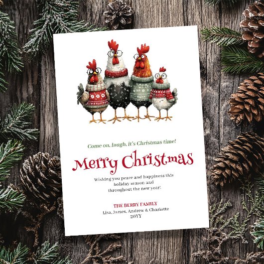Playful quirky chickens Christmas greeting card Feestdagenkaart