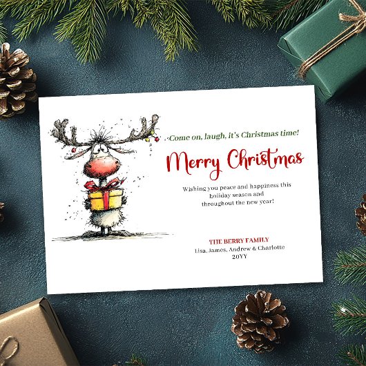 Playful quirky reindeer Christmas greeting card Feestdagenkaart