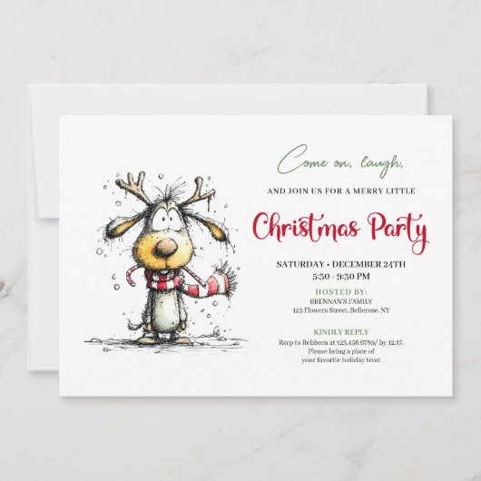 Playful quirky reindeer Christmas party invite Kaart (Voorkant)