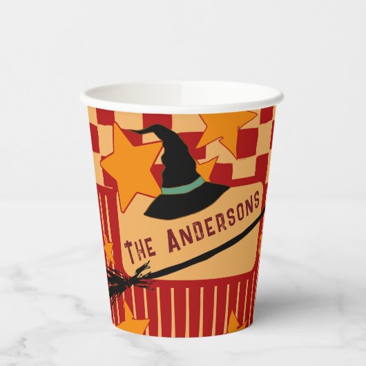 Playful Red Retro Witch Hat Halloween Starry Party Papieren Bekers (Links)