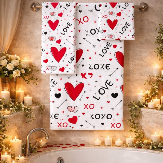 Playful Red & White XO Heart Pattern on White Bad Handdoek