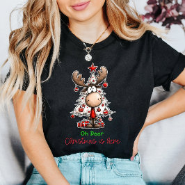 Playful Reindeer “Oh Deer Christmas Is Here” Cute  T-shirt