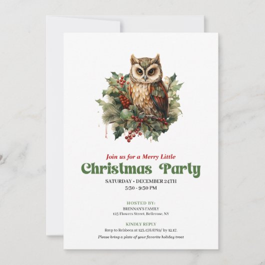 Playful retro Christmas owl party invitation Kaart (Voorkant)