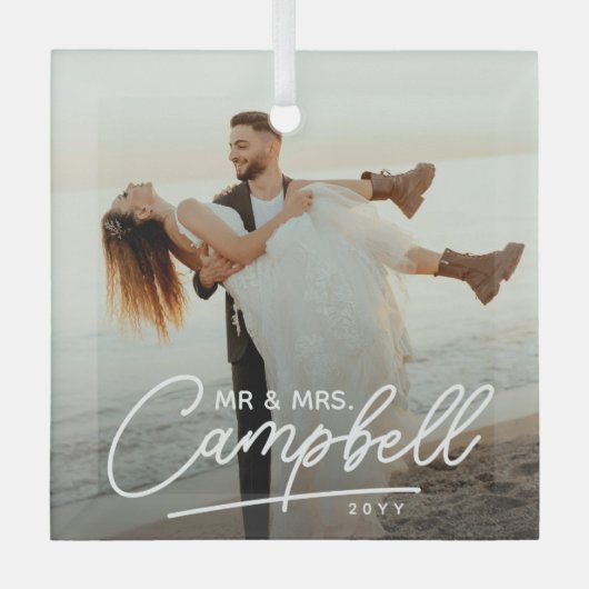 Playful Script Mr & Mrs Newlywed Keepsake Glas Ornament (Voorkant)