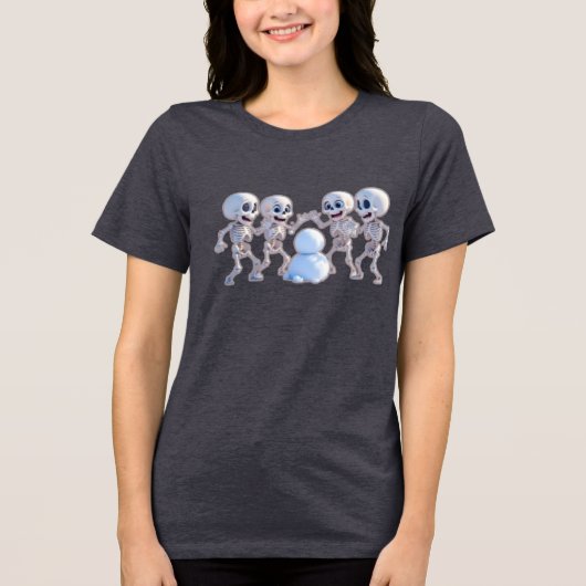 Playful Skeletons Building a Snowman – 3D Cartoon, Tri-Blend Shirt (Voorkant)