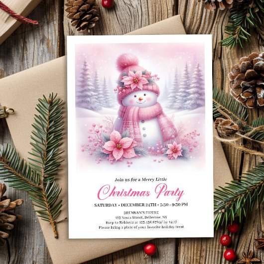 Playful Snowy Forest Pink Snowman Kids Invitation Kaart