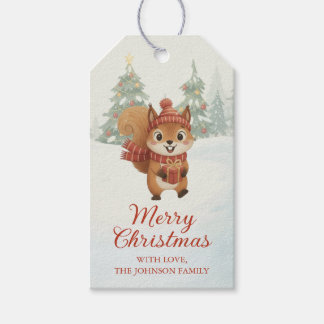 Playful Squirrels in Christmas Winter Forest Cadeaulabel