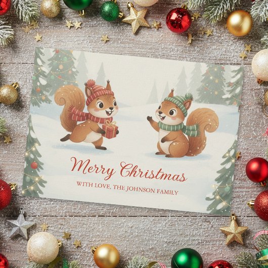 Playful Squirrels in Christmas Winter Forest Feestdagenkaart