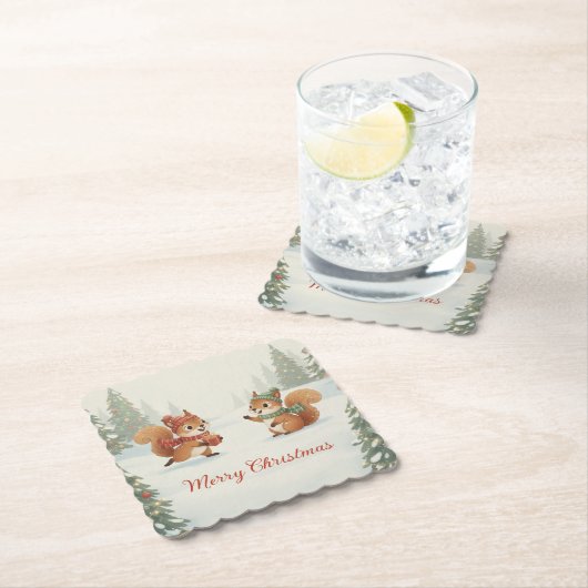 Playful Squirrels in Christmas Winter Forest Kartonnen Onderzetters (Insitu)