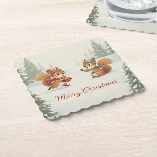 Playful Squirrels in Christmas Winter Forest Kartonnen Onderzetters (Gebogen)