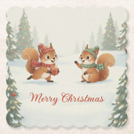 Playful Squirrels in Christmas Winter Forest Kartonnen Onderzetters