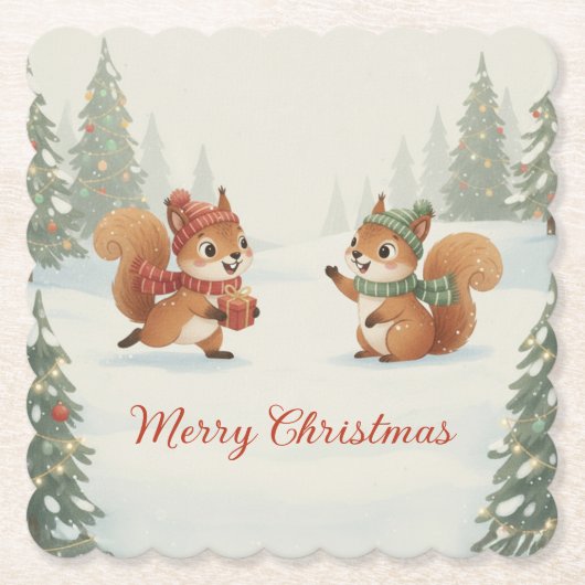 Playful Squirrels in Christmas Winter Forest Kartonnen Onderzetters (Voorkant)