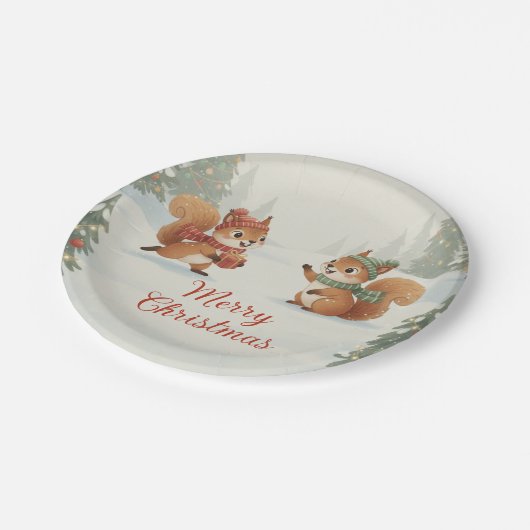 Playful Squirrels in Christmas Winter Forest Papieren Bordje (Gekanteld)
