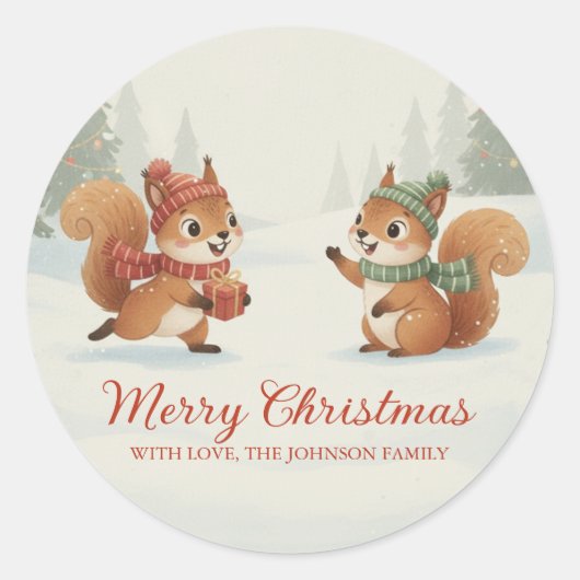 Playful Squirrels in Christmas Winter Forest Ronde Sticker (Voorkant)