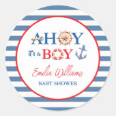Playful Striped Blue Red Nautical Ahoy Boy Ronde Sticker (Voorkant)