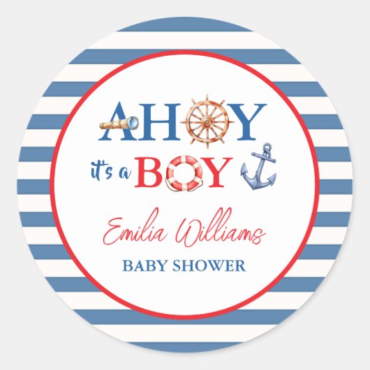 Playful Striped Blue Red Nautical Ahoy Boy Ronde Sticker (Voorkant)