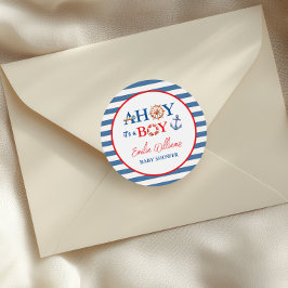 Playful Striped Blue Red Nautical Ahoy Boy Ronde Sticker