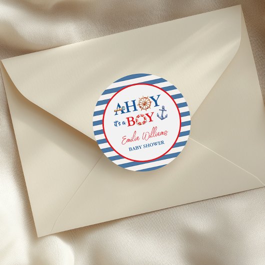 Playful Striped Blue Red Nautical Ahoy Boy Ronde Sticker